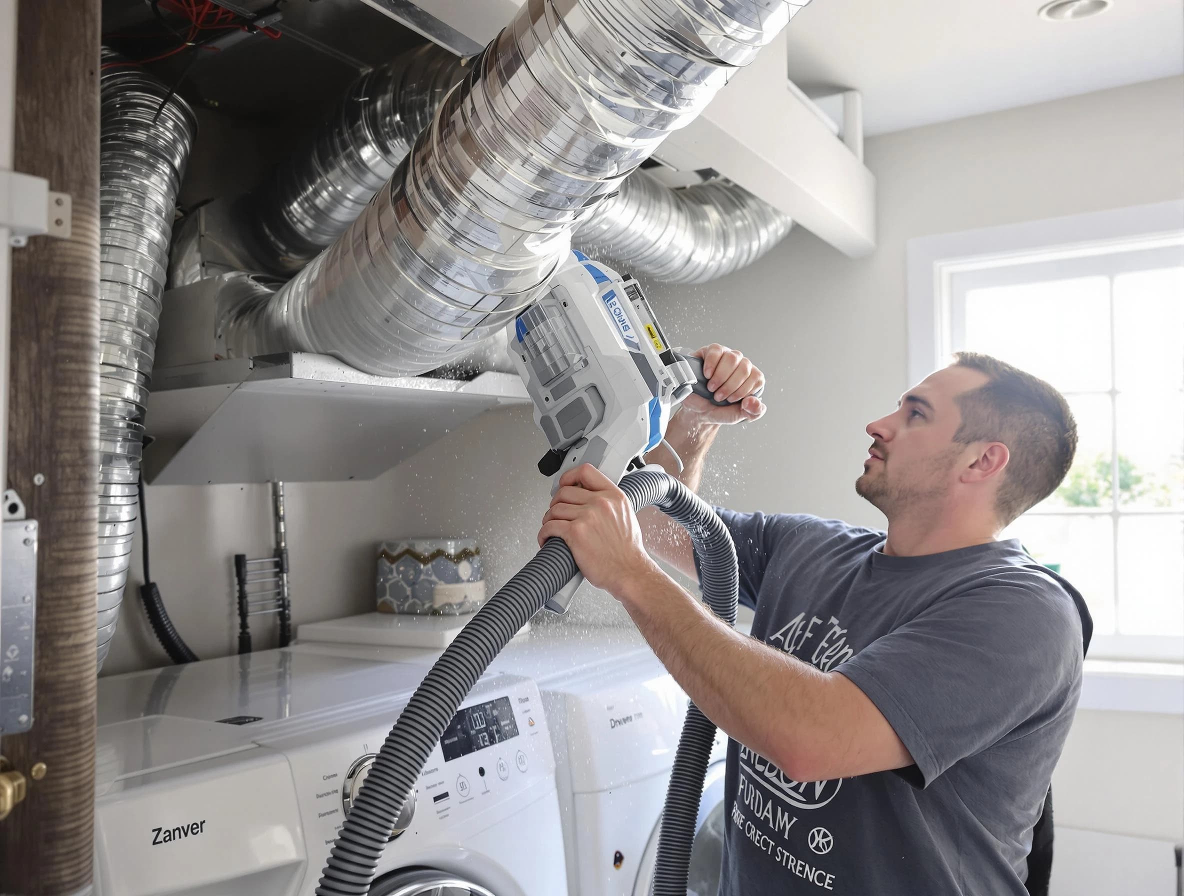 Provo Dryer Vent Cleaning specialist cleaning deep within a dryer vent duct system in Provo
