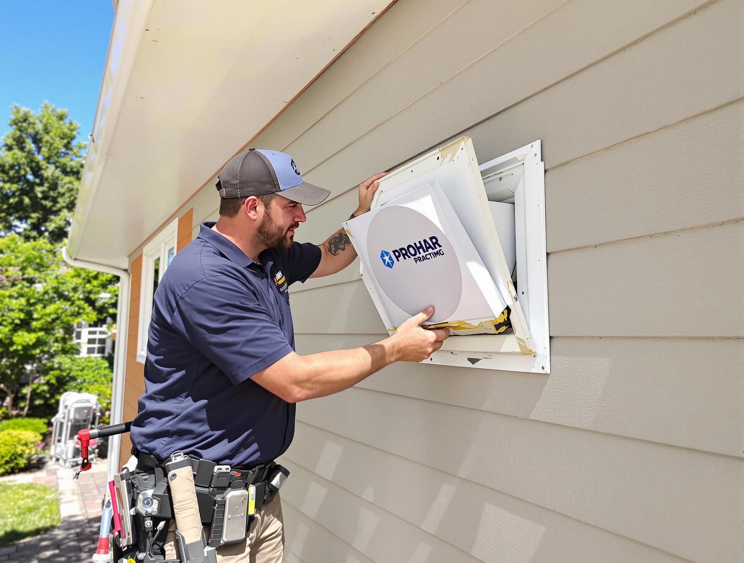 Provo Dryer Vent Cleaning technician installing a new protective dryer vent cover on a home in Provo