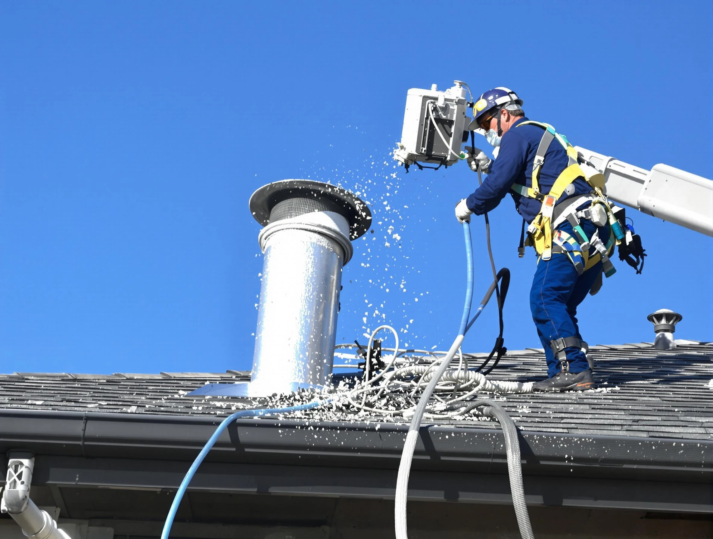 Provo Dryer Vent Cleaning certified technician safely cleaning a roof-mounted dryer vent in Provo