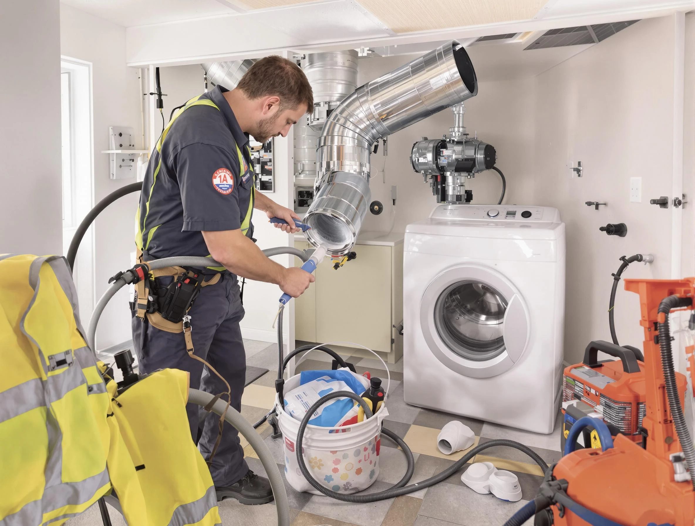 Provo Dryer Vent Cleaning technician using specialized equipment to clear severe dryer vent blockage in Provo